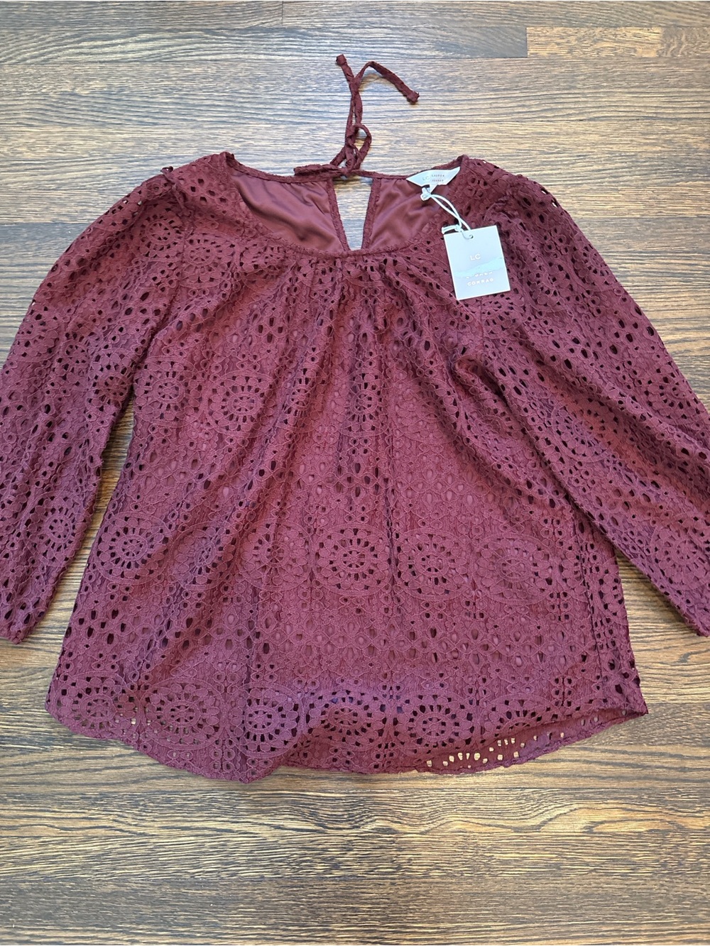 LC Lauren Conrad Burgundy Eyelet Lace Peasant Blouse